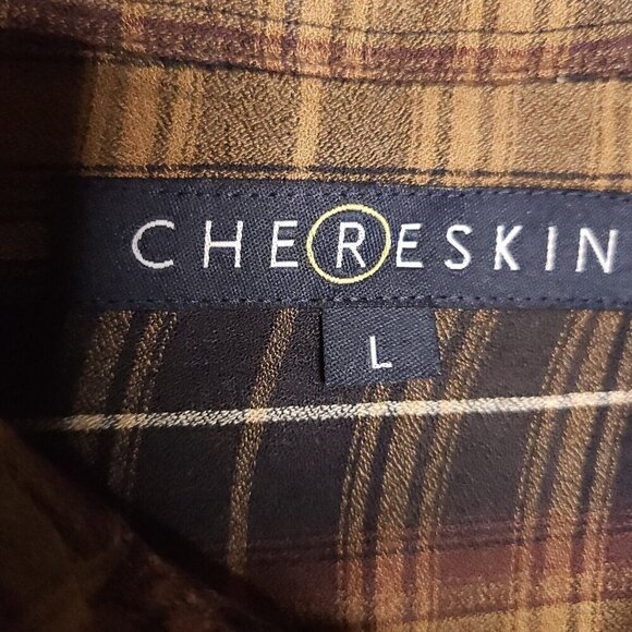 Chereskin Mens Brown Black Plaid Rayon Button Down Large - Picture 4 of 6